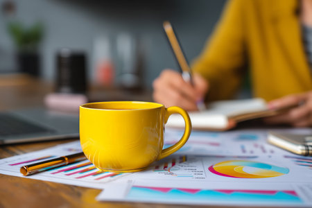 Close up of a yellow coffee mug beside a woman s hands working on colorful office chartsの写真素材