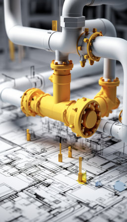 Cinematic hyper realistic shot of a yellow and white water pipe with gray blueprint background#script tag escaped#;の写真素材