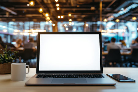 Modern office scene featuring laptop with blank screen, coffee cup, and smartphone for design mockup