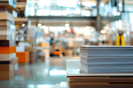 Stacks of business documents and advertising materials in an office space with blurred backgroundの写真素材