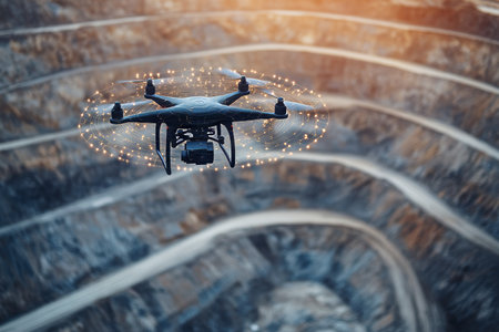 Drone over open pit mine with location pins and map lines  aerial technology conceptの写真素材