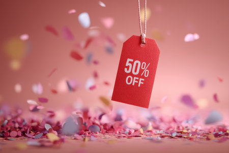 Red discount tag with 50 off on blurred confetti background in soft pink theme and lightingの写真素材