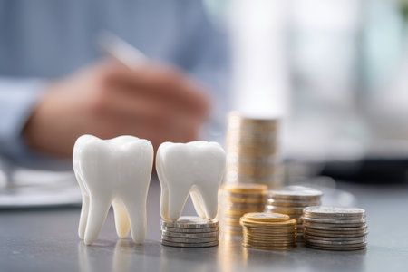 Close up of white teeth on table with coins, showcasing dental care and molar protectionの写真素材