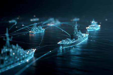 Futuristic military network connections with navy ships and aircraft on a dark digital backdropの写真素材