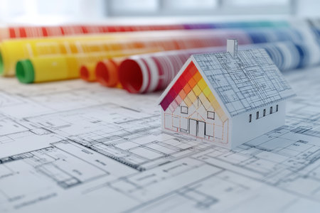 3d energy efficiency label on construction drawing with architectural plans and color palettesの写真素材