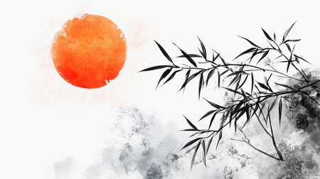 Minimalist chinese ink painting with orange sun, bamboo leaves, and subtle watercolor backgroundの写真素材