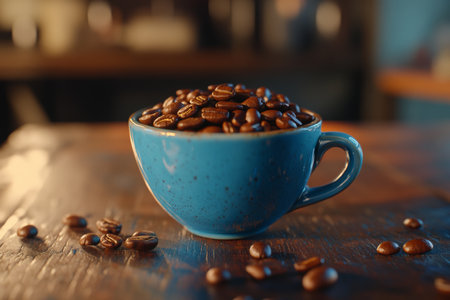 Close up of a blue ceramic cup overflowing with coffee beans on a wooden table in natural lightの写真素材