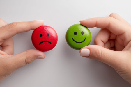 Close up of hand holding red sad and green happy emoticons representing customer experience review