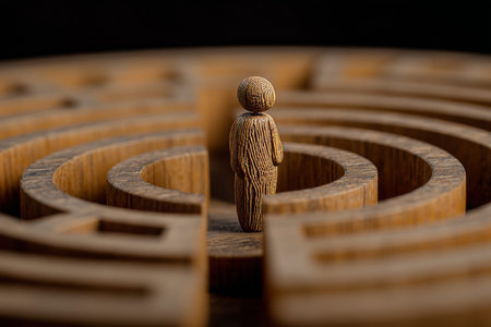 A wooden figure at the heart of a labyrinth a striking photography composition with design space