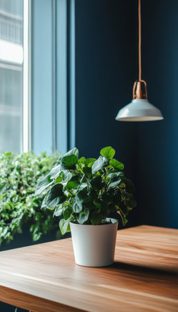 Modern office interior featuring a dining table, potted plant, and minimalist design elementsの写真素材