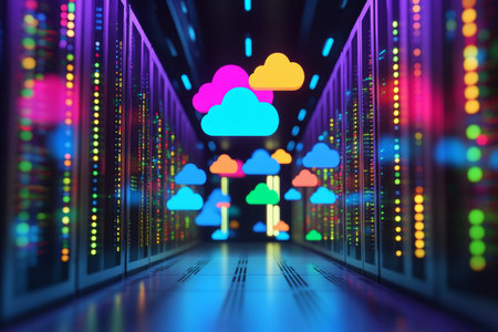 Vibrant 3d cloud storage concept featuring glowing icons above a server rack in a data center