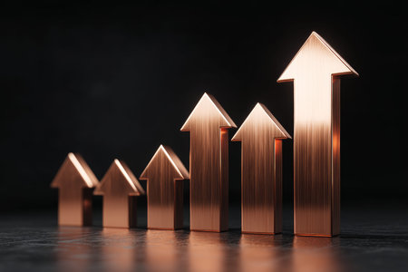 Copper arrow bar graph illustrating real estate sales growth on black background with copy space