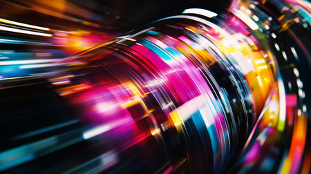 Vibrant printing process close up of digital label printer with color swatches and laser beamsの写真素材