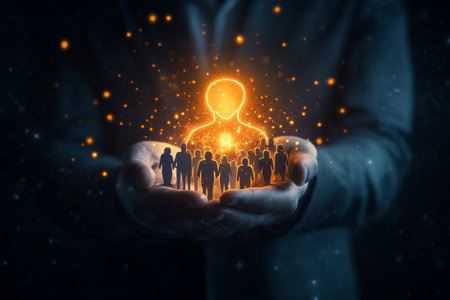 Businessman holding a glowing human icon surrounded by a crowd, symbolizing teamwork and managementの写真素材