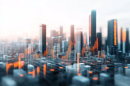 Contemporary abstract city skyline with graphs and charts on light gray and orange backgroundの写真素材