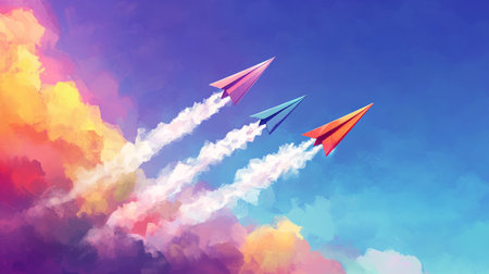 Colorful paper airplanes flying in the sky with smoke trails, fantasy art for mobile game backgroundの写真素材