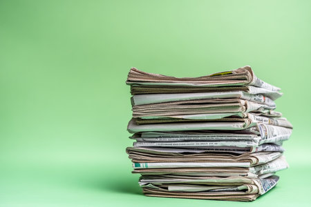 A stack of newspapers on light green background with copy spaceの写真素材