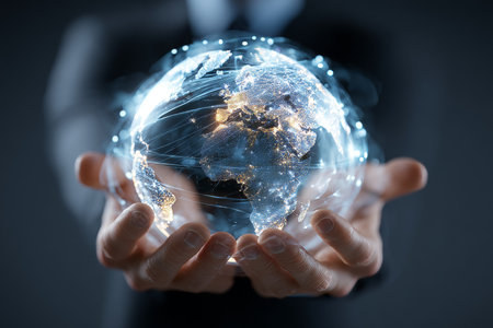 Businessman holding a glowing globe hologram, representing the global business conceptの写真素材