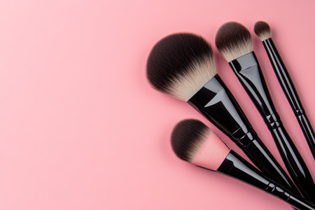Elegant top view of makeup brushes and blush with mirror on pink background for product showcaseの写真素材