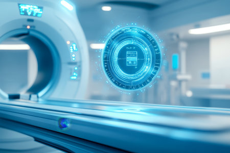 Modern 3d rendering of a medical device with holographic display above an mri machine in hospitalの写真素材