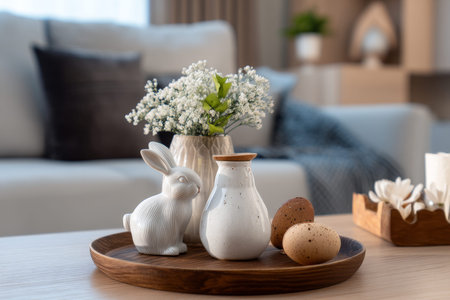 Charming modern living room featuring easter decor white ceramic rabbits, flowers, and eggs