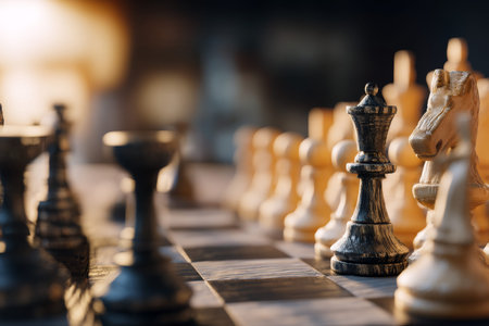 Chessboard symbolizing business growth and innovation in a strategic planning atmosphere