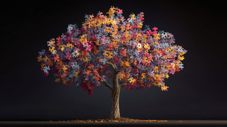 A tree of colorful puzzle leaves against a dark background symbolizing identity and uniquenessの写真素材