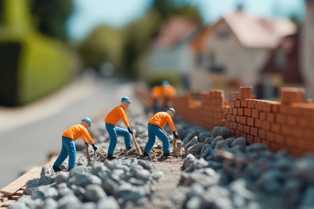 Construction workers in bright uniforms building a red brick wall on a sunny suburban dayの写真素材