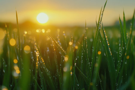 Close up of green wheat sprouts with dewdrops at sunset, highlighting agriculture and food growthの写真素材