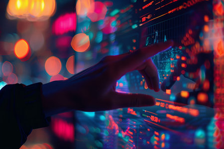 Futuristic office scene hand interacting with data on a digital screen amid neon reflections