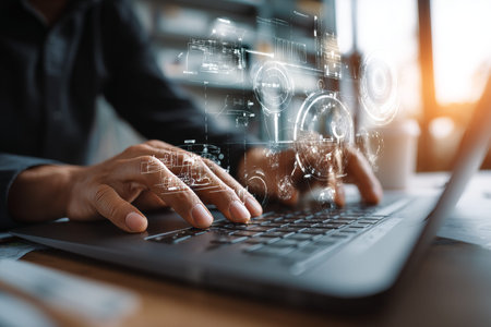 Businessman engaged with laptop as digital project management graphics float on virtual screen