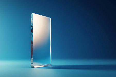 3d render of a transparent glass award with light reflection on a blue background for business useの写真素材