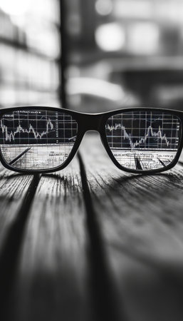 Realistic black and white photo of glasses reflecting stock market chart on wooden desk