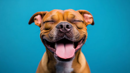 Adorable happy dog with tongue out and closed eyes on solid blue background with copy spaceの写真素材