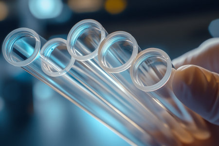Close up of medical test samples in hand, showcasing laboratory research and healthcare insightsの写真素材