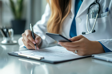 Female doctor recording patient information on clipboard and mobile phone in clinic settingのeditorial素材