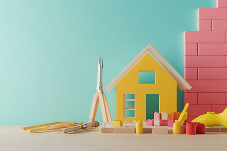 3d house model with building blocks and tools on table against pastel wall for design conceptsの写真素材