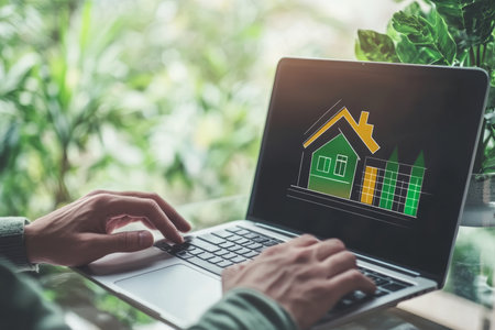 Businessman analyzing energy efficiency chart on a glass screen for sustainable solutionsの写真素材