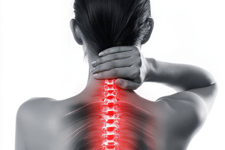 Digital composite of highlighted neck of woman with back pain against white backgroundの写真素材
