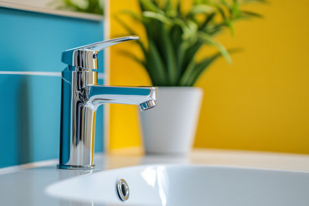 Modern chrome faucet in bright white sink with yellow and blue bathroom and plant pot decorの写真素材