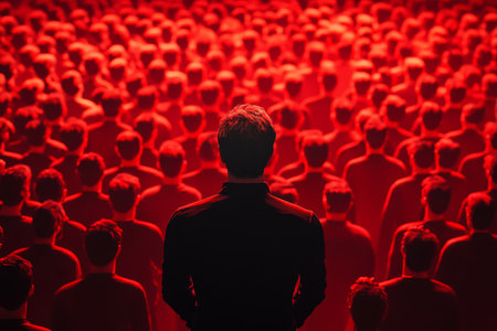 A minimalist high angle view of a man surrounded by an audience of red faces in a bold settingの写真素材