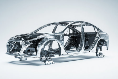 Intricate silver car frame isolated on white background with sharp focus and detailed photographyの写真素材