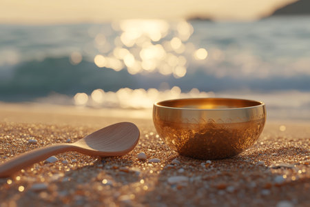 Brass singing bowl and wooden spoon on beach with sea and sunlight a meditation photography conceptの写真素材