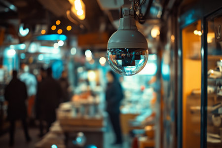 Cctv camera in store captures blurred pedestrians for enhanced retail security and monitoringの写真素材