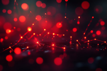 Abstract background with glowing red connections symbolizing global connectivity and cybersecurityの写真素材