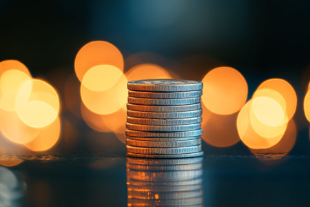 Stack of silver coins on dark background for financial success