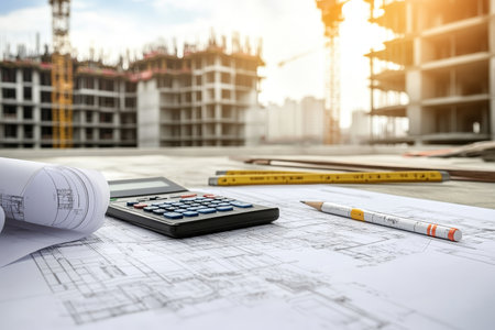 Architectural blueprints and tools on construction site table with building rising in backgroundの写真素材