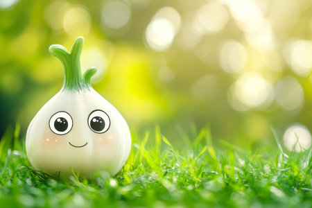 Adorable cartoon white vegetable with big eyes in lush green grass sceneの写真素材