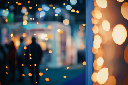 Vibrant exhibition scene with bokeh lights and attendees exploring booths amidst soft lightingの写真素材
