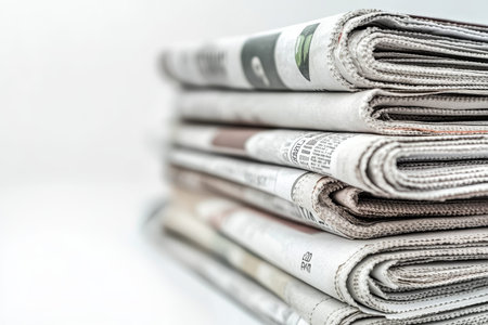 Close up view of a neatly stacked pile of newspapers against a clean white background